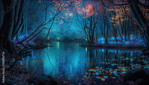 Bioluminescent lake in the forest at night with glowing trees by generative AI