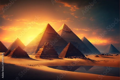 Beautiful pyramids against the backdrop of sunset and magnificent clouds AI