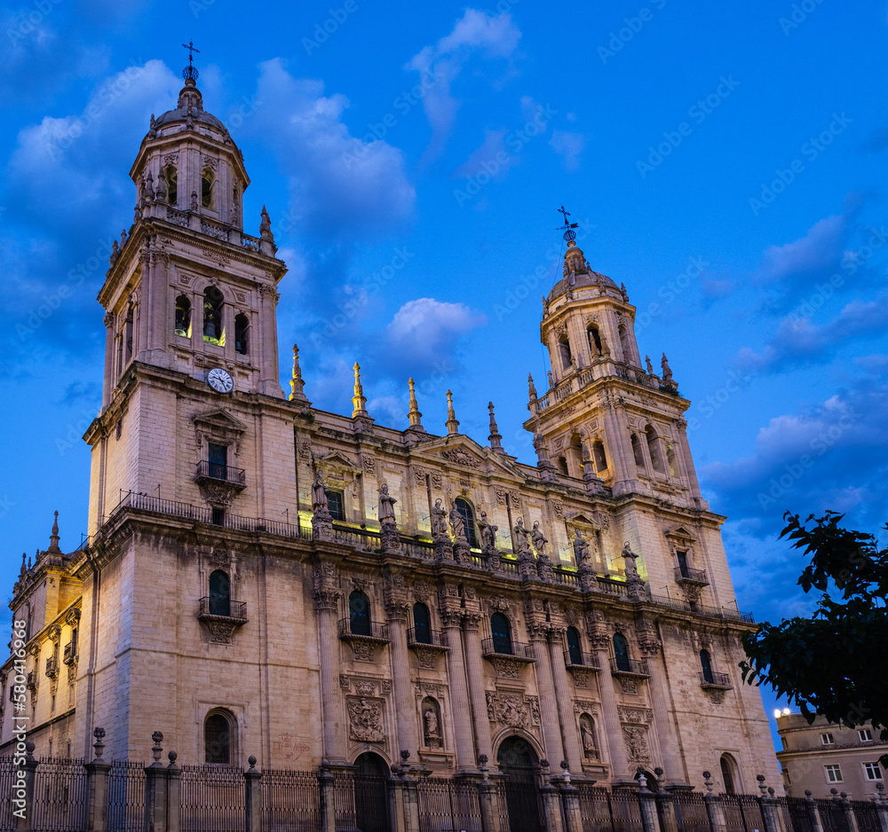Main facade of the Cathedral of Jaen at night, one of the masterpieces of Spanish Baroque.
