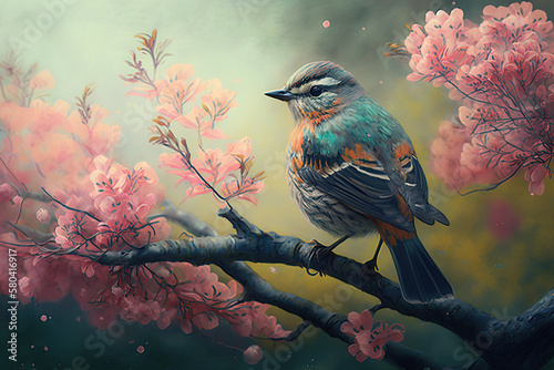 Bunter Vogel auf Ast im blühenden Baum im Frühling Generative Ai © Daniel