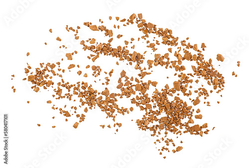 Pile of granulated instant coffee on a white background, top view.