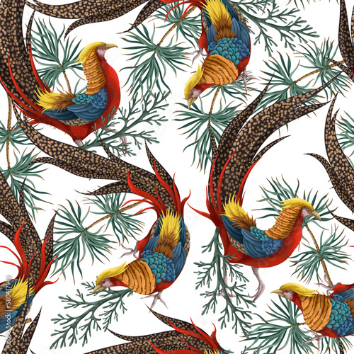 Seamless pattern with gold pleasant and fir branch. Vector.