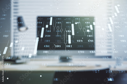 Multi exposure of abstract statistics data hologram interface on computer background, computing and analytics concept © Pixels Hunter