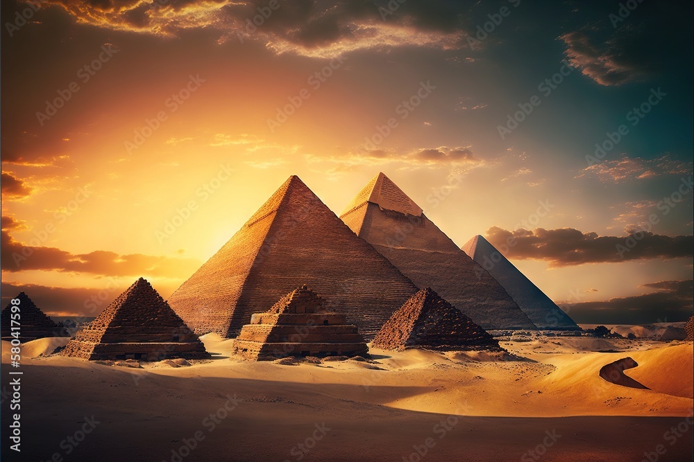 Beautiful pyramids against the backdrop of sunset and magnificent clouds AI