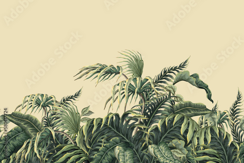 Border with jungle and tropical leaves. Vector.