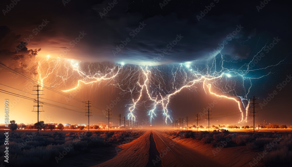 a landscape filled with electricity and energy, showing bolts of lightning and other phenomena - Generative AI