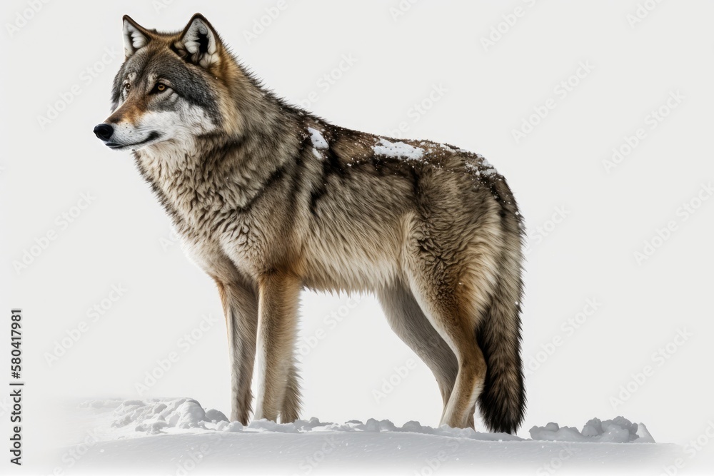 Snow on a gray wolf, set against a white background. Generative AI
