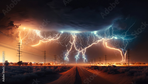 a landscape filled with electricity and energy, showing bolts of lightning and other phenomena - Generative AI