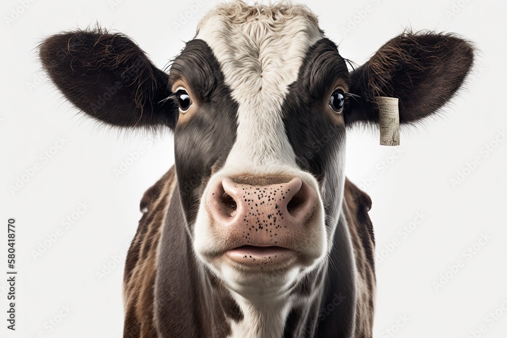 Portrait of a happy cow. On a white background, a farm animal raised for organic meat. Generative AI Portrait of a happy cow. On a white background, a farm animal raised for organic meat. Generative AI
