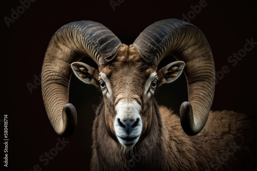 Portrait of a ram with big horns, mouflon, wild ram, mountain sheep, animal with horns, copy space. Generative AI