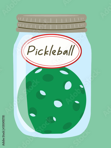 A pickle ball ball is seen inside a canning jar in a vector illustration about the sport of pickle ball. 