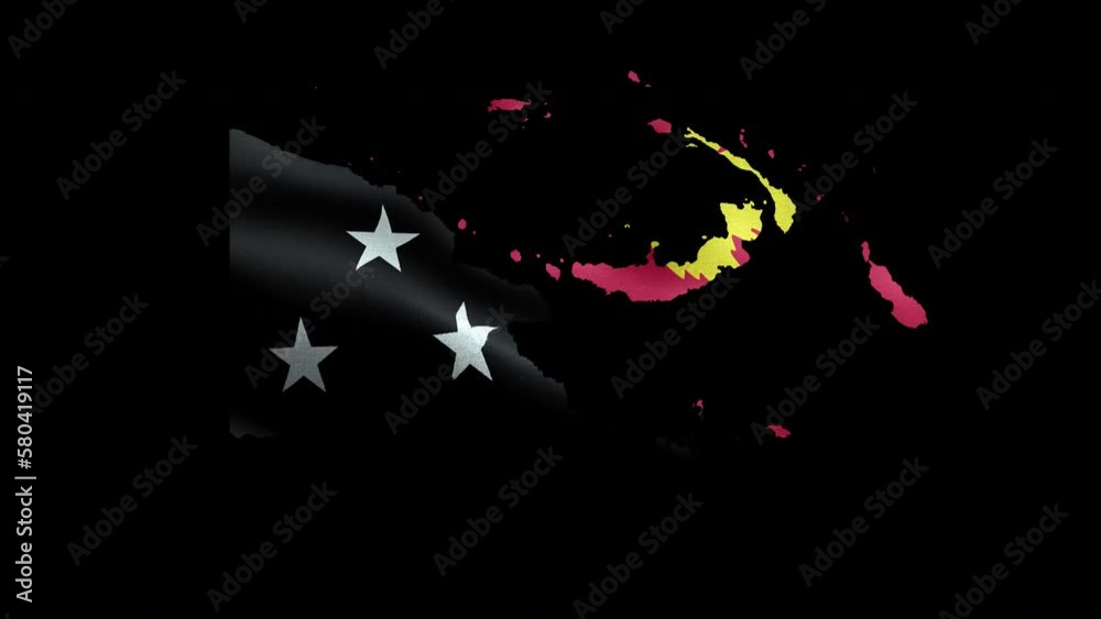4K waving national flag of Papua New Guinea on the map. Loop alpha channel seamless Papua New Guinean flag on territory. Outline geographic country border of Papua New Guinea stock video.