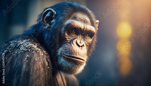 Detailed face of a chimpanzee with snow on fur, photo realistic - Illustration, Generative AI