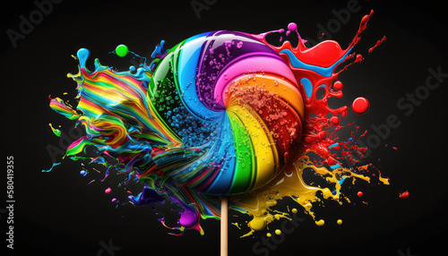 Runder Lollipop mit Farbspritzern in den Farben der Regenbogenflagge der LGBT-Bewegung (Lesbian, Gay, Bisexual and Transgender). (Generative AI) photo