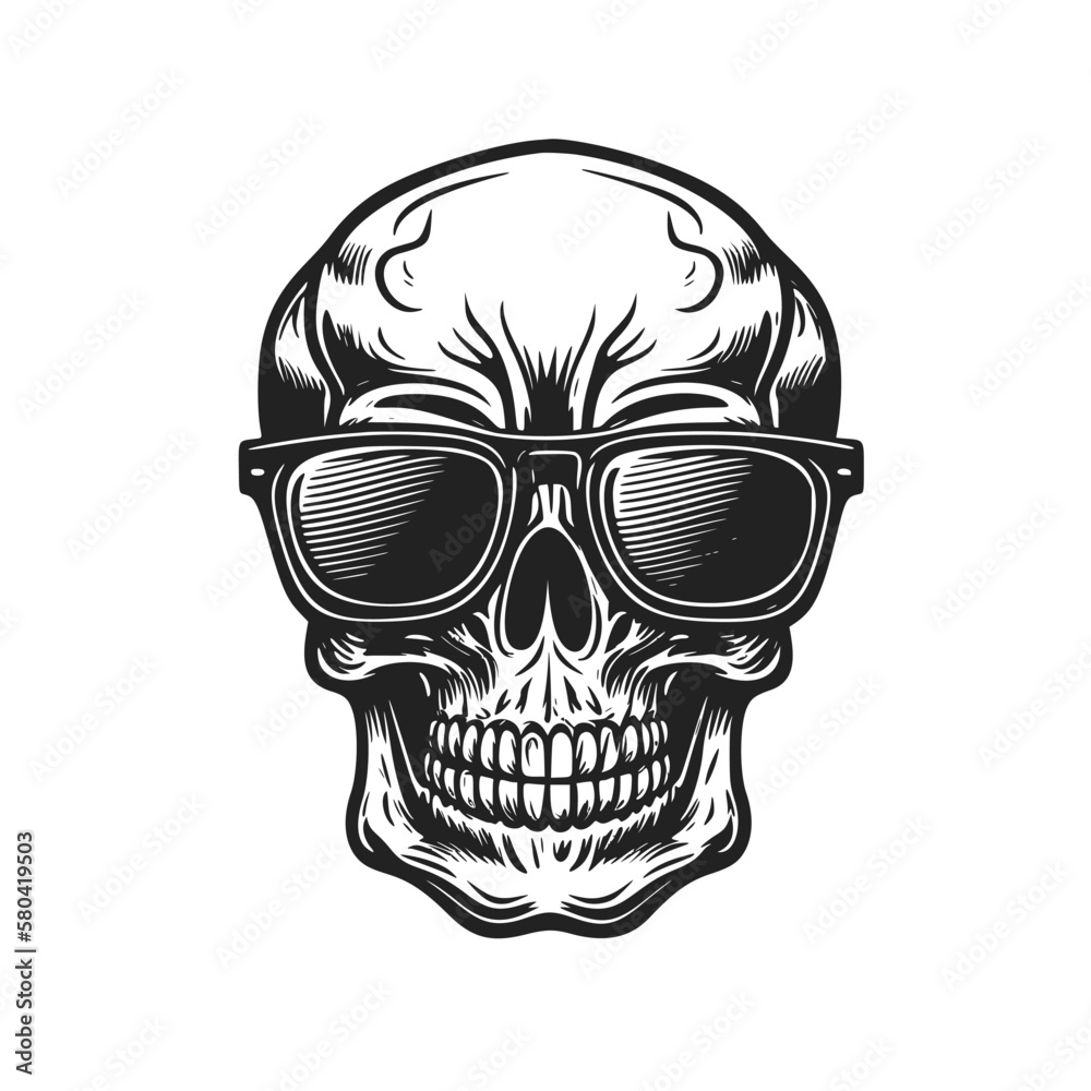 Hipster skull with sunglasses. Hand drawn vintage engraving style woodcut vector illustration.