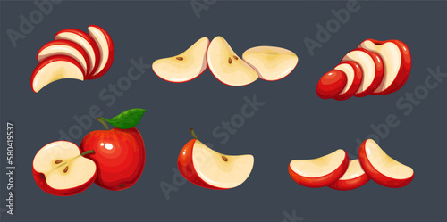 Red apple set vector illustration. Cartoon isolated whole delicious juicy fruit and cut into portion slices, half and quarter pieces. Organic fruity apples vector illustration