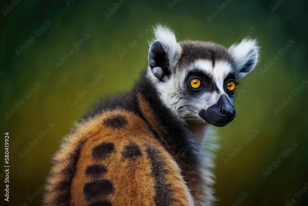 Fototapeta premium Portrait of a Ring tailed Lemur on a green background. Generative AI
