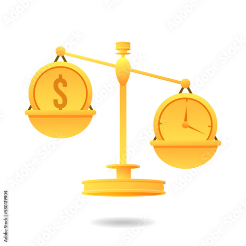 Weigher gold business Clock and dollar on scale. Time is money concept. balance watch and money vector illustration. EPS