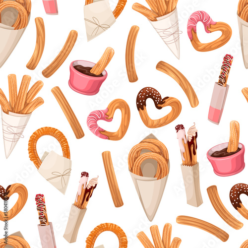 Churros seamless pattern vector illustration. Cartoon isolated churros of stick and heart shape, biscuits dipped in chocolate or strawberry sugar sauce with candy, tasty fried snacks in paper bags