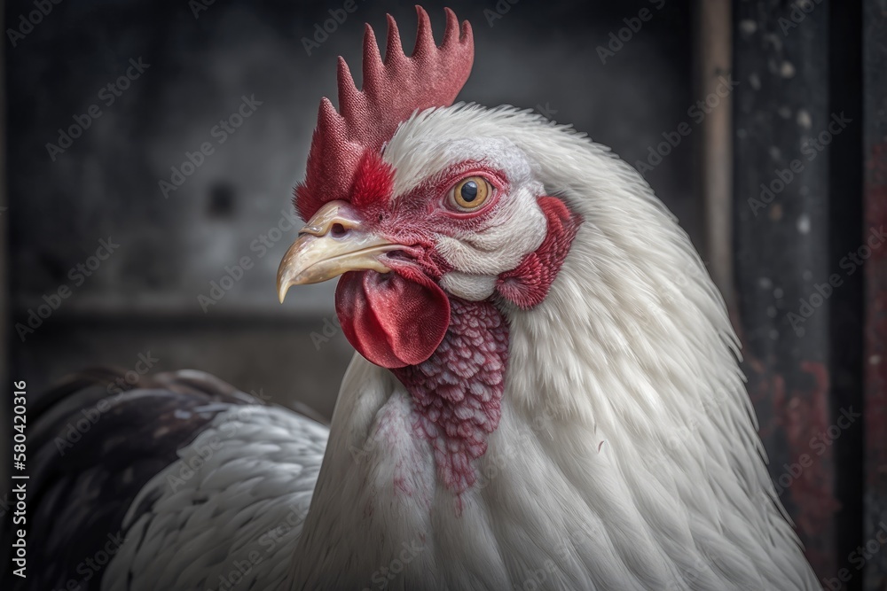 Portrait of a white hen on a gray background of a farm in the country. Close up of a chicken with a red scallop and a dirty beak. The chicken is near a chicken coop. Write your text here. Generative
