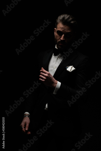 mysterious elegant man wearing black tuxedo and confidently posing © Viorel Sima