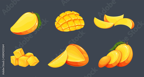 Mango set vector illustration. Cartoon isolated exotic organic fresh fruit cut in half pieces, ripe cubes and slices for healthy vitamin vegetarian menu, whole ripe sweet tropical mango with leaf