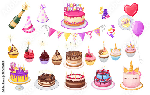Happy birthday party set vector illustration. Cartoon isolated different carnival balloons, flags and hats, cupcakes and cakes with decoration, desserts of confectionery menu to celebrate birthday