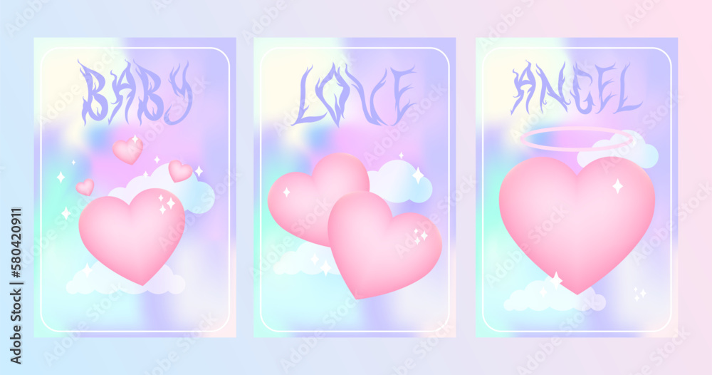 Y2k heart blurred gragient cards. Happy Valentine s Day holographic vector posters background with cloud and hearts geometric shape in trendy 90s, 00s psychedelic style. Rainbow holo vibrant and pink