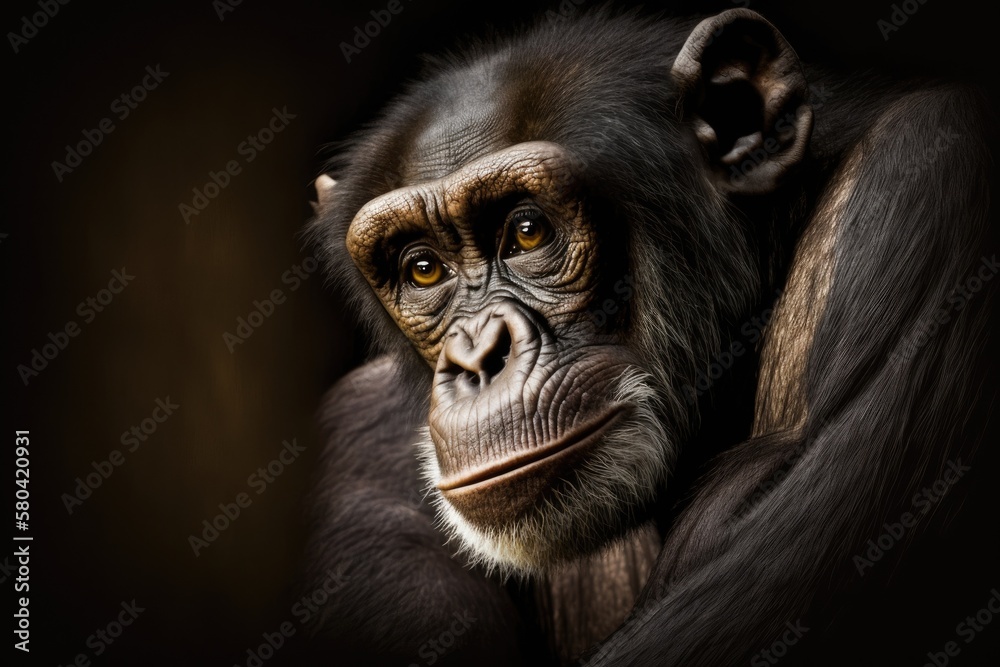 Portrait of a male chimpanzee in light and shadow Chimpanzee Light & Shadow. Generative AI Portrait of a male chimpanzee in light and shadow Chimpanzee Light & Shadow. Generative AI