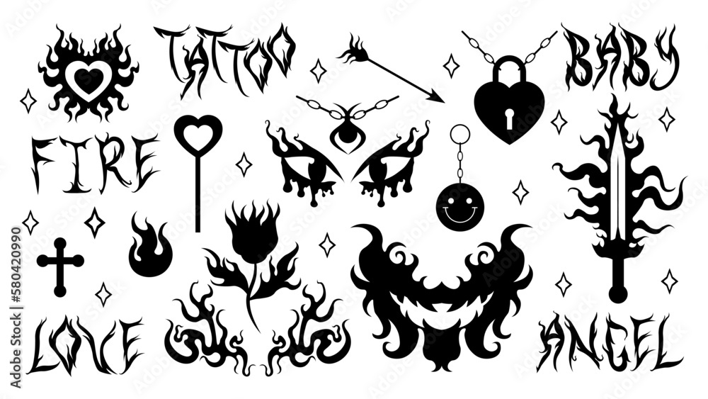 Y2k tattoo stickers. Flame and fire, chain, heart, sword, flower, necklace triball glamour in trendy 90s, 00s psychedelic style. Vector hand drawn black and white silhouette tattoo print set. EPS Y2k tattoo stickers. Flame and fire, chain, heart, sword, flower, necklace triball glamour in trendy 90s, 00s psychedelic style. Vector hand drawn black and white silhouette tattoo print set. EPS