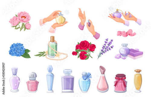 Perfume and floral fragrance set vector illustration. Cartoon gift bouquets of different flowers, cosmetic transparent glass bottles with cologne or perfume water, hands holding perfumery containers