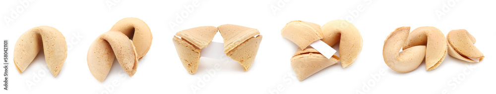 Set of tasty fortune cookies on white background Set of tasty fortune cookies on white background