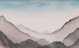 Watercolor mountain painting, misty mountains with their peaks of fog. Blue grey watercolor traditional oriental ink brush wet wash. Wide curve landscape painting background. watercolor illustration