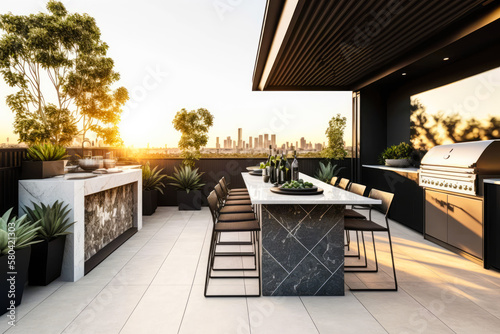 A modern and sleek rooftop barbecue area with a stunning cityscape view and sleek furnishings, perfect for high-end urban living - Generative AI photo