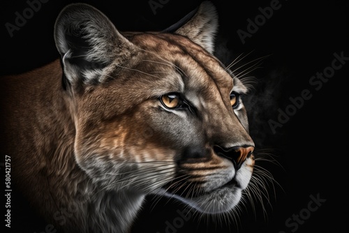 Portrait of a puma or cougar on a black background. Generative AI