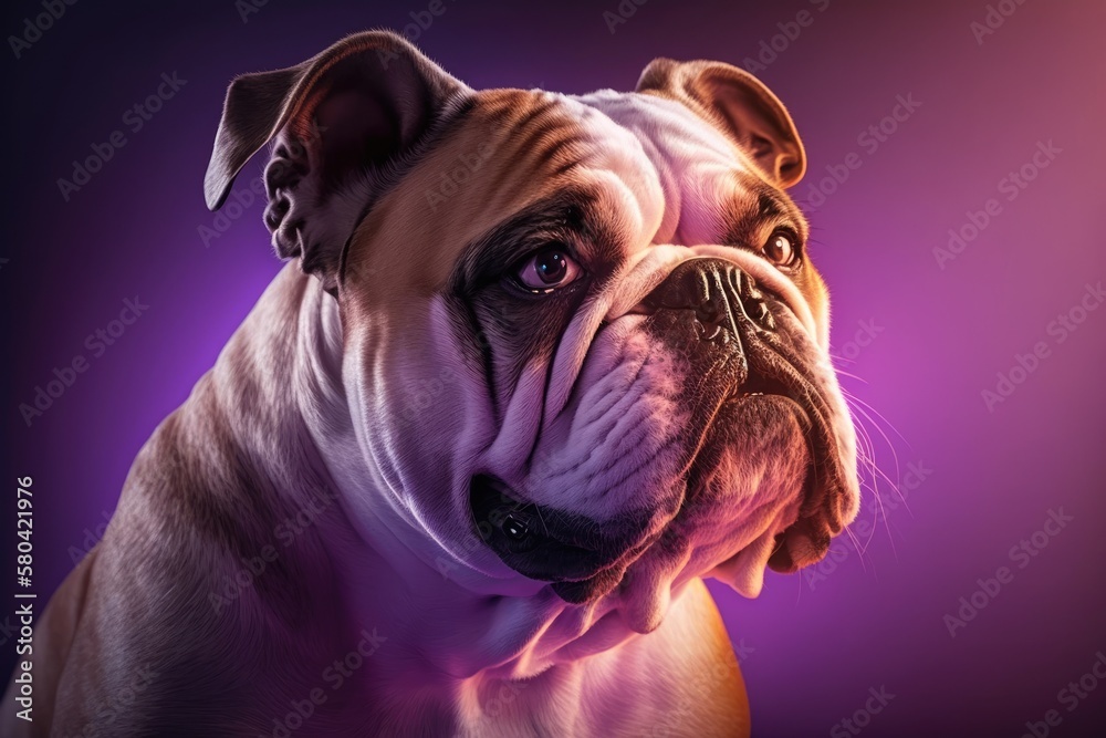 Portrait of a purebred dog, a bulldog, looking at the camera, with a gradient of pink and purple neon lights in the background. The idea of movement, action, love for pets, and animal life. Advertisem