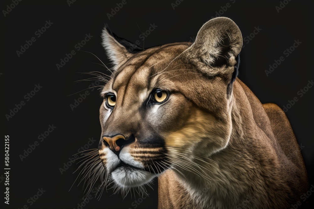 Obraz premium Portrait of a puma or cougar on a black background. Generative AI