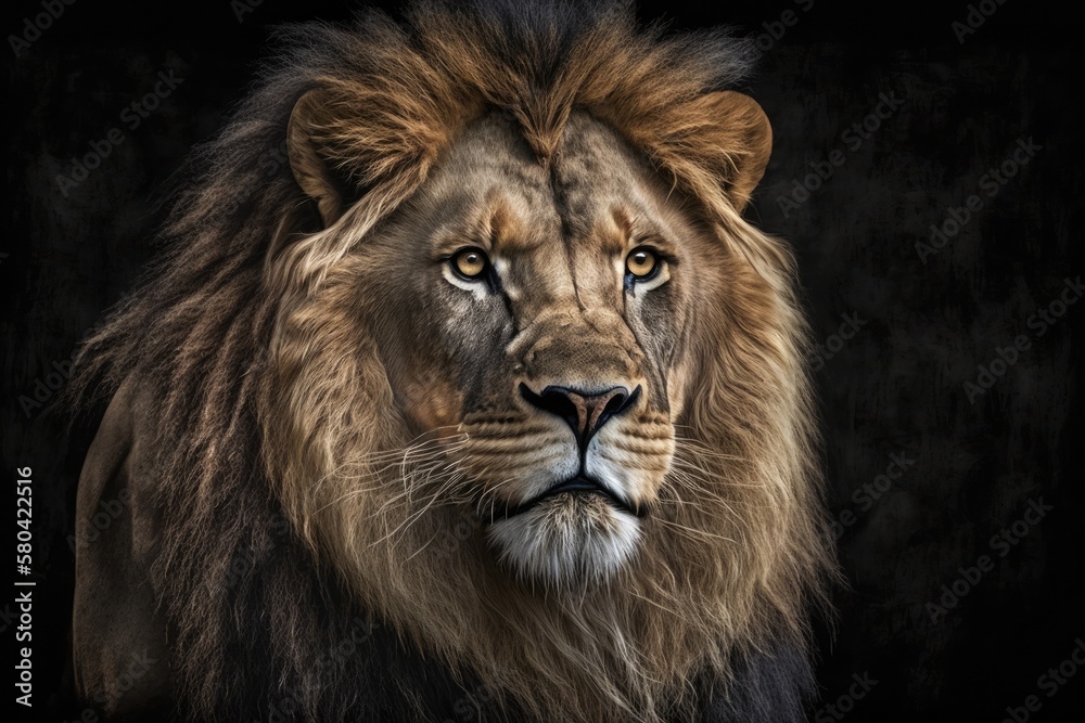 Portrait of an African male lion, a wild animal on its own. Generative AI