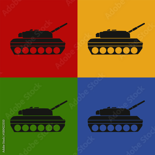 Seamless Pop art pattern. Black military Tank. Backdrop with combat vehicle. Colorful vector illustration isolated on grey background.
