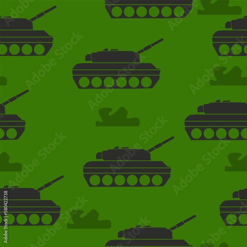 Seamless pattern with military Tank on field. Backdrop with combat vehicle. Colorful vector illustration isolated on grey background.