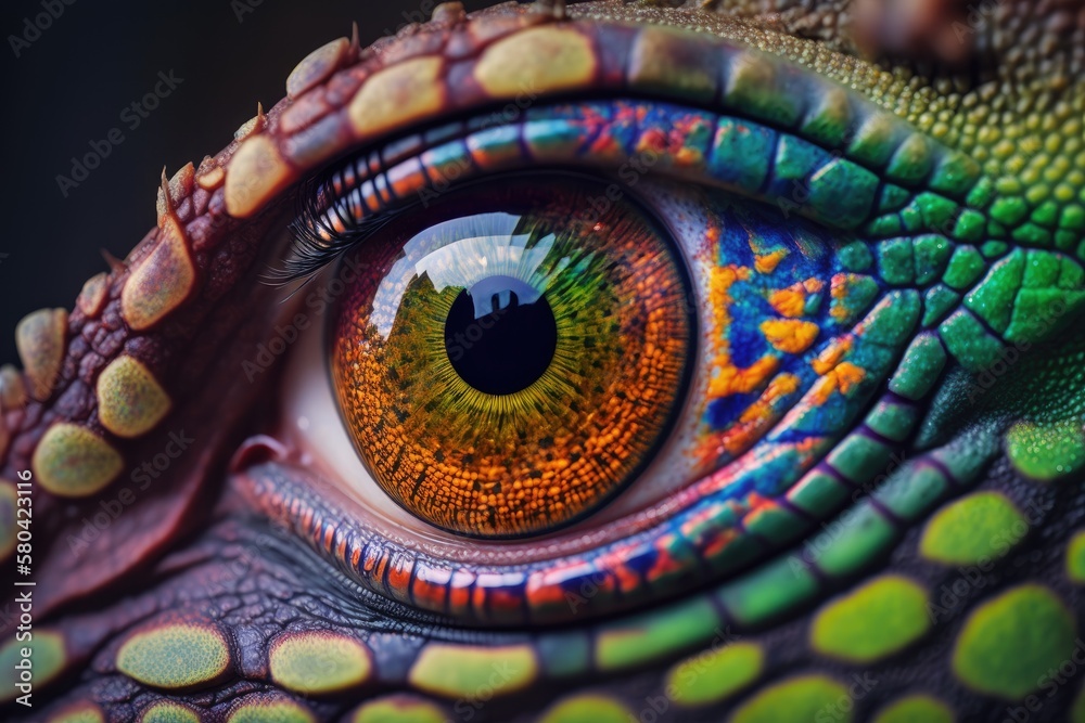 Photo of a colorful reptile's eye, a close up of part of a chameleon's head, the scaly skin of a multicolored lizard, an african animal, a beautiful exotic iguana, wild nature, and the wildlife of a r