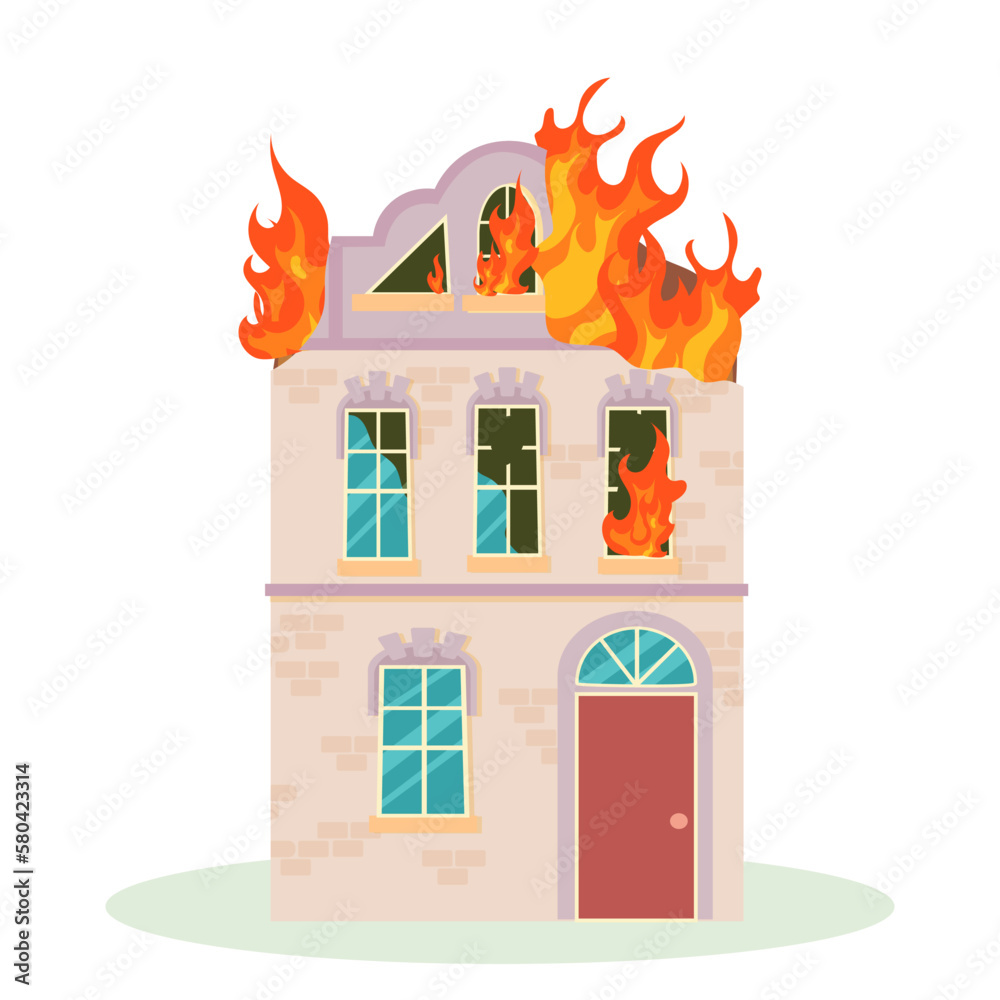 Fire. The destroyed building is on fire. Ruined city buildings after ...