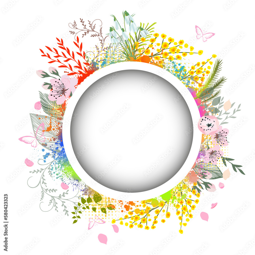 Happy women's day greeting card. 8 march women's day poster or banner . Round frame with spring flowers. Postcard for text. Vector illustration