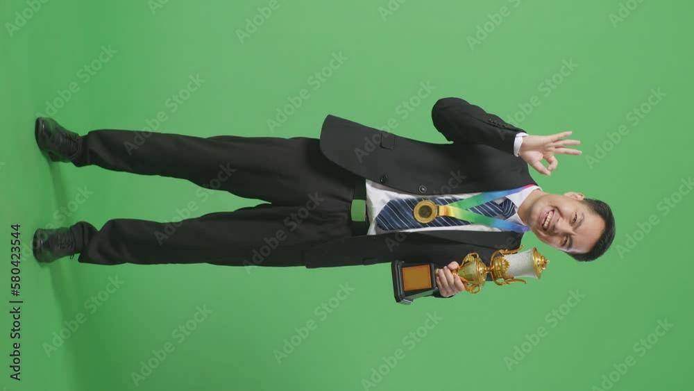 Full Body Of Asian Business Man In A Suit And Tie With A Gold Medal And ...