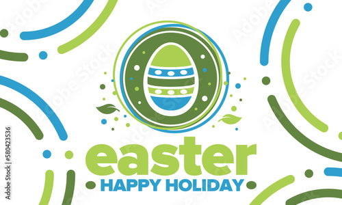 Happy Easter in April. Christian spring holiday in honor of the resurrection of Christ. Biblical history. Traditional dyeing eggs with patterns, fun game for children searching for easter eggs. Vector