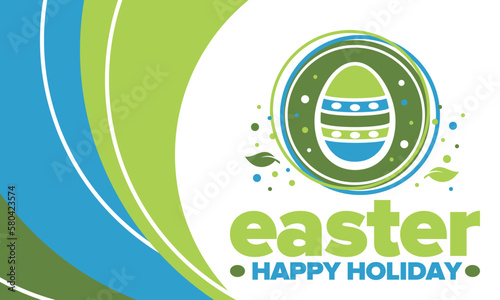 Happy Easter in April. Christian spring holiday in honor of the resurrection of Christ. Biblical history. Traditional dyeing eggs with patterns, fun game for children searching for easter eggs. Vector