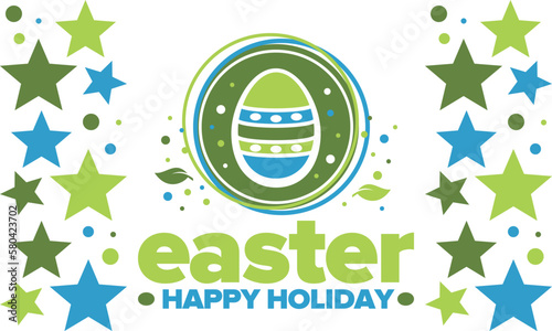 Happy Easter in April. Christian spring holiday in honor of the resurrection of Christ. Biblical history. Traditional dyeing eggs with patterns, fun game for children searching for easter eggs. Vector
