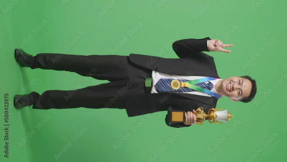 Full Body Of Asian Business Man In A Suit And Tie With A Gold Medal And ...