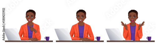 Elegant beautiful business woman in bright colors clothes using laptop computer sitting at the desk set isolated vector illustration