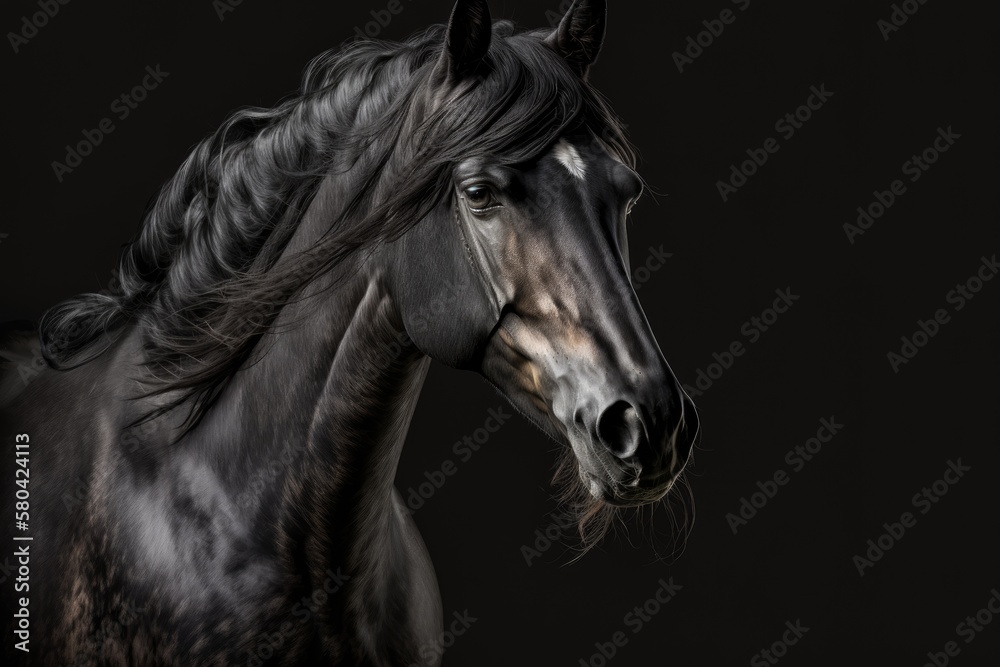Portrait of a black horse in a studio against a black background. Generative AI Portrait of a black horse in a studio against a black background. Generative AI